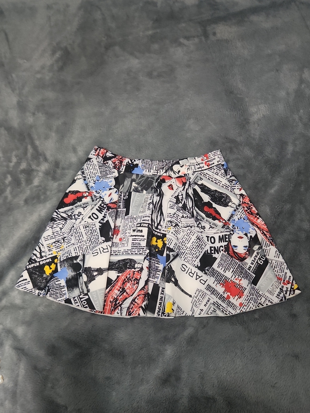 Rainbow Newspaper-Print Circle Skirt with Red, Blue & Yellow Accents